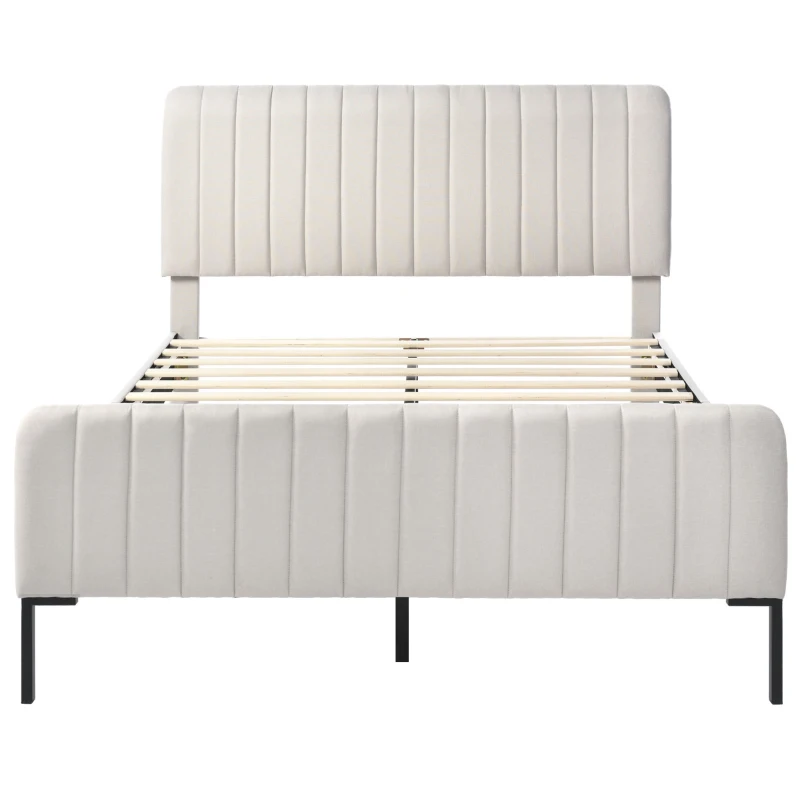 Lit Double Rembourré 180x200 cm avec Tête de Lit Réglable et Sommier à Lattes, Structure et Tête de Lit Double, Idéal pour Chambre à Coucher et Invités, Gris-Beige