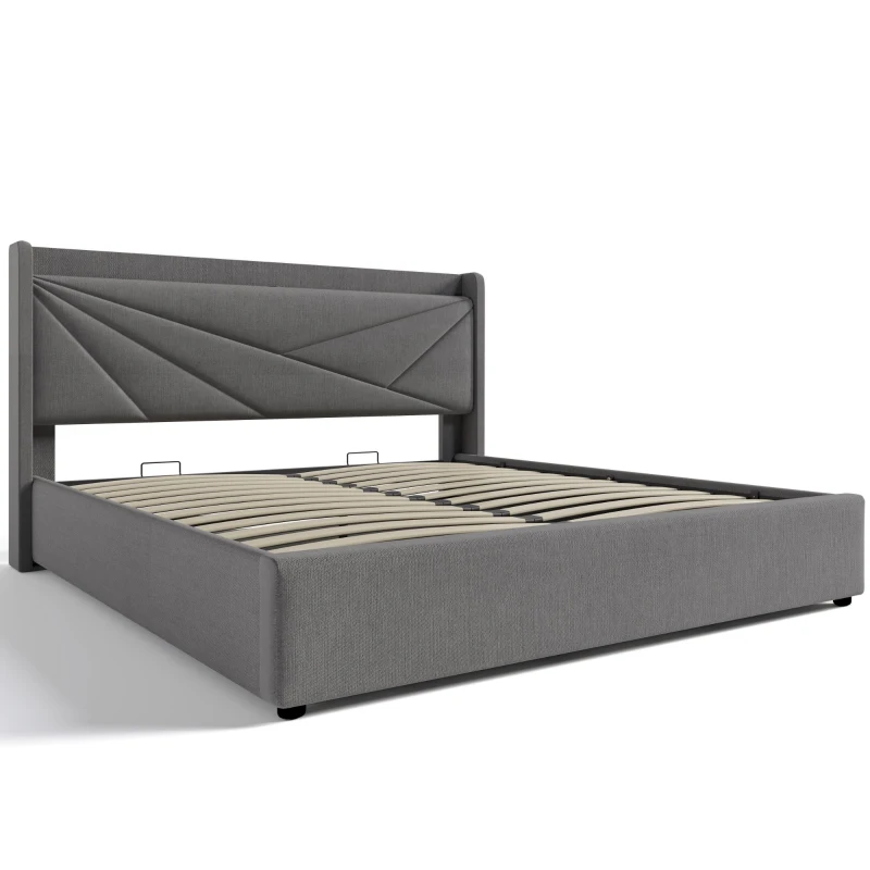 Doppelbett 160x200 mit Stauraum und USB-Ladefunktion, Bettgestell aus Leinen Grau