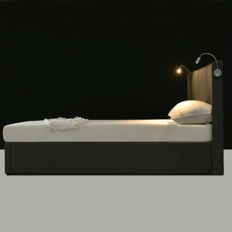 Lit Double avec Rangement, Lampes de Lecture et Fonction de Recharge USB, Structure en Métal, 160x200 cm, Gris
