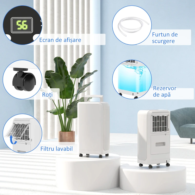 HOMCOM Dezumidificator de 12L cu Rezervor de Apă, Temporizator 24H și Afișaj Digital al Umidității, 28x18x50,6 cm, Alb