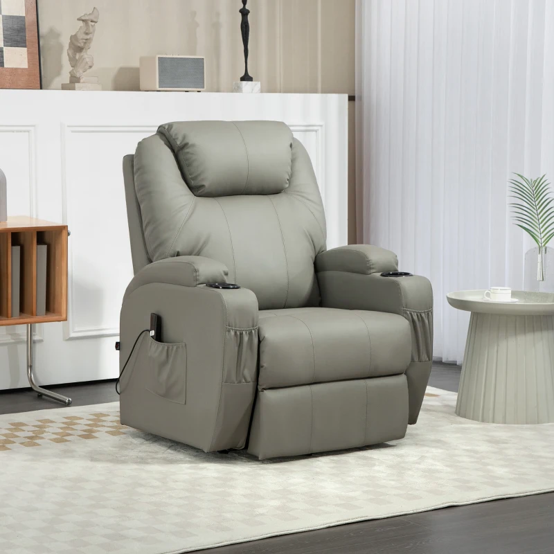 HOMCOM Elektryczny Fotel Relaksacyjny z Pomocą przy Wstawaniu, Uchwyt na Napoje, 4 Kieszenie, 85x92x109 cm, Jasnoszary