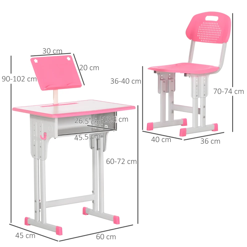 HOMCOM Bancă cu Scaun pentru Copii 6-12 ani cu Înălțime Reglabilă, Suport pentru Cărți și Raft, 60x45x90-102 cm, Roz