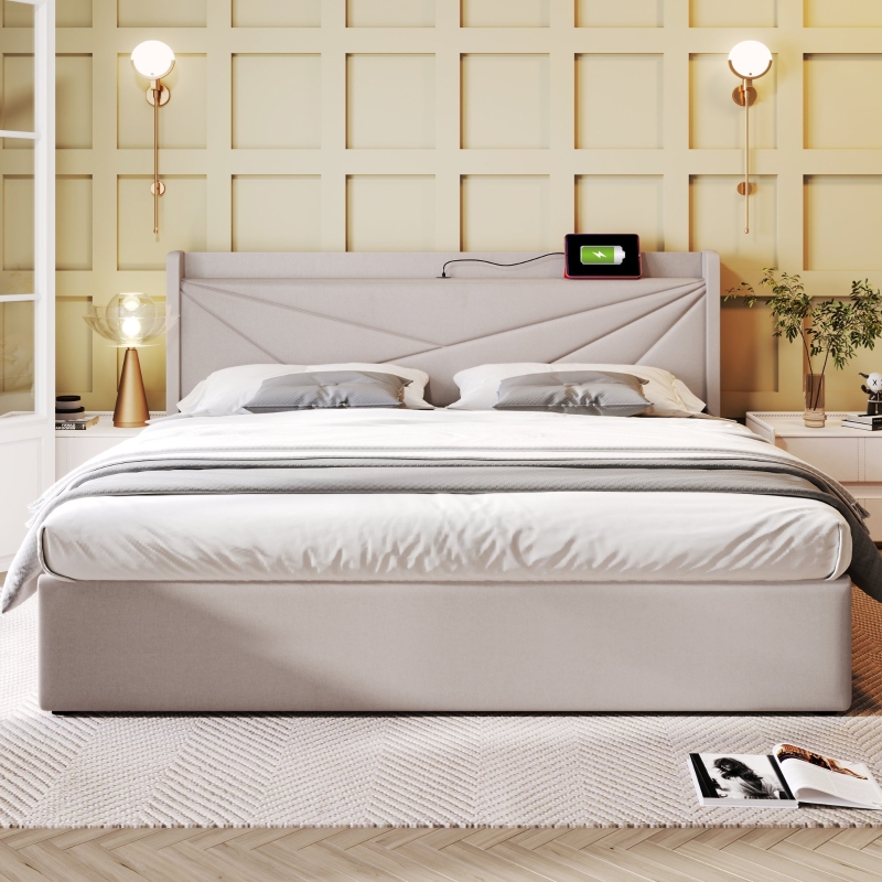 Bett 180x200 mit Bettkasten, Doppelbett mit Stauraum, Beige | Aosom.de