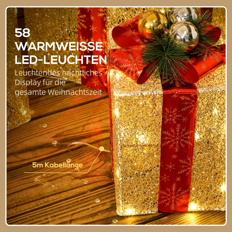 Outsunny 3-delige Kerstdecoratie Geschenkdozenset voor Binnen- en Buitendecoratie, met 58 LED-lampjes, Goudtint