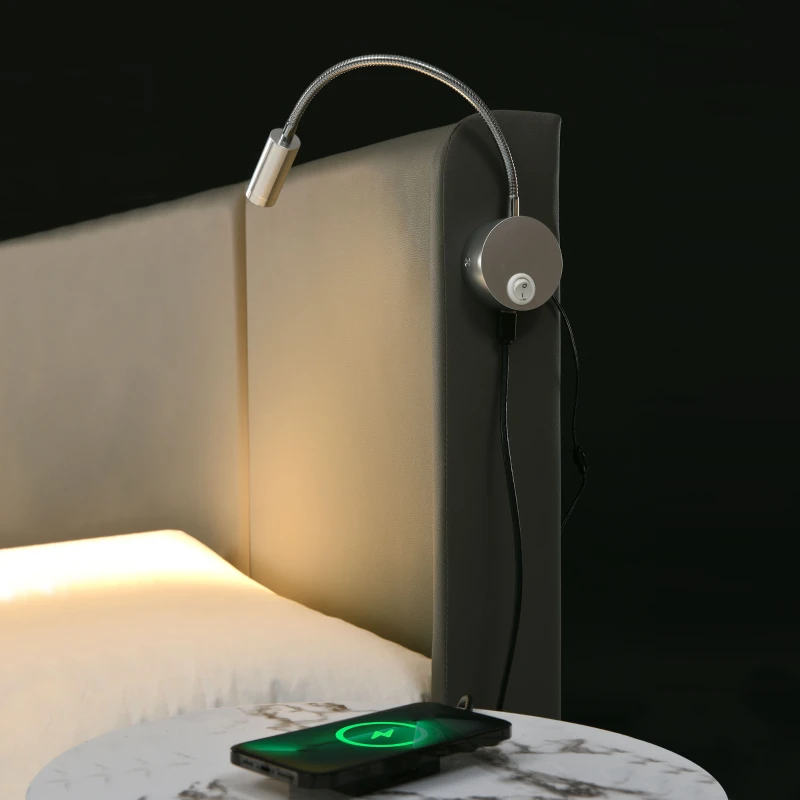 Lit Double avec Rangement, Lampes de Lecture et Fonction de Recharge USB, Structure en Métal, 160x200 cm, Gris