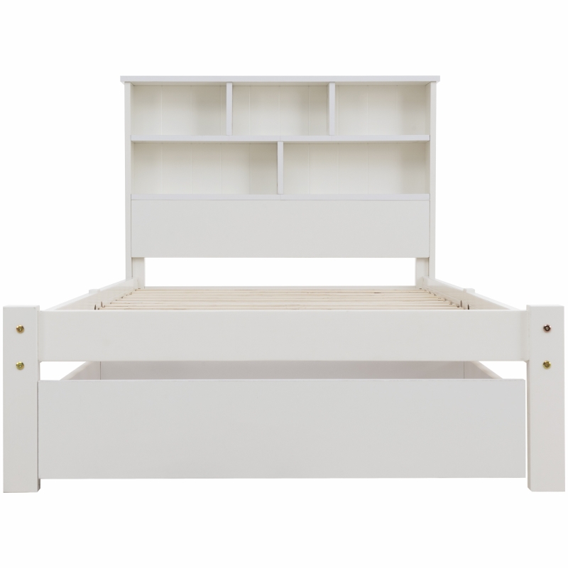 Einzelbett 90x200 Weiss mit Schubladen und Bücherregal, Schrankbett mit Rollen für Jugendliche und Erwachsene