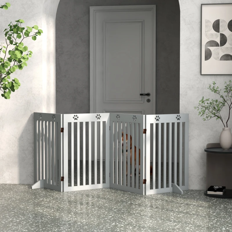 PawHut Wooden Pet Gate Foldable Freestanding Dog Safety Barrier w/ Support Feet, Grey