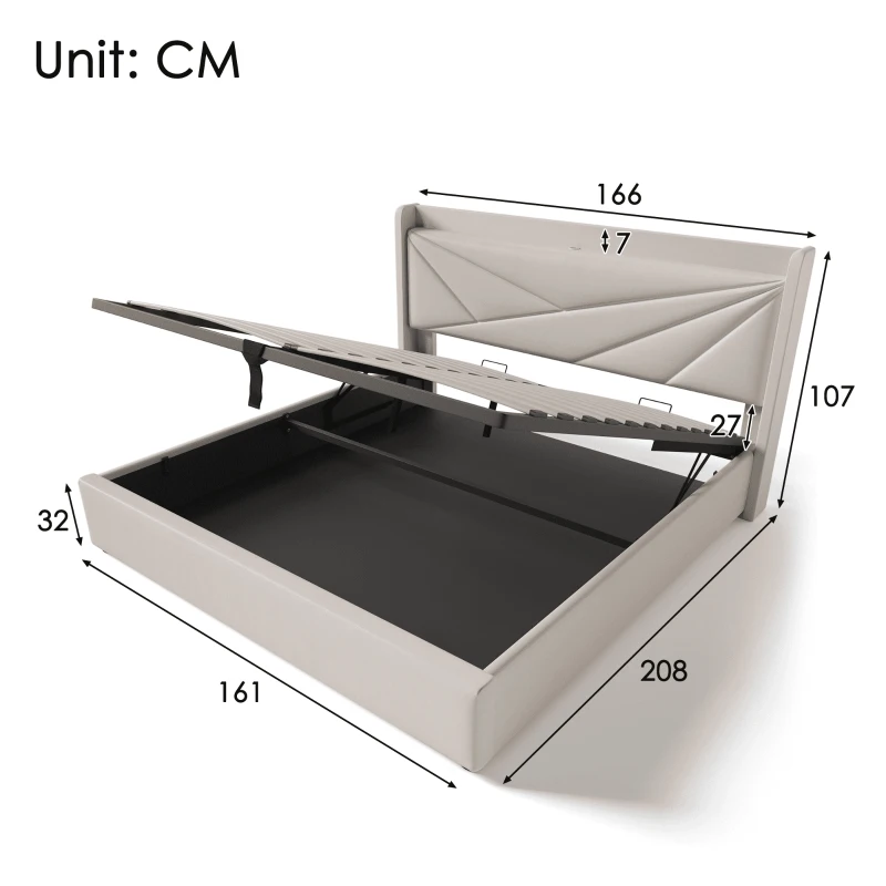Doppelbett mit Stauraum, USB-Typ-C-Ladefunktion und Bettgestell aus Leinen, ohne Matratze 160x200, Beige