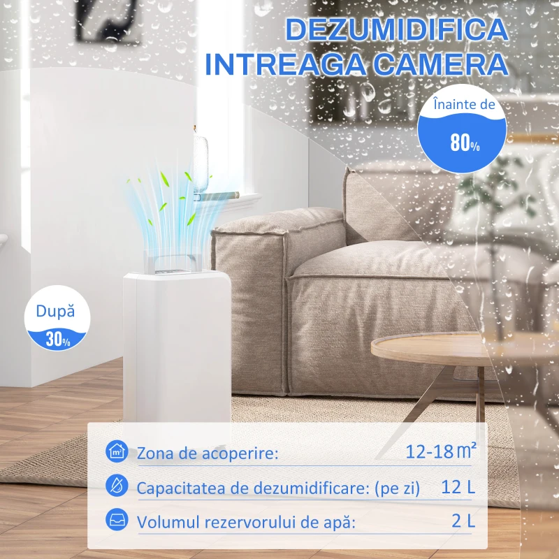 HOMCOM Dezumidificator de 12L cu Rezervor de Apă, Temporizator 24H și Afișaj Digital al Umidității, 28x18x50,6 cm, Alb