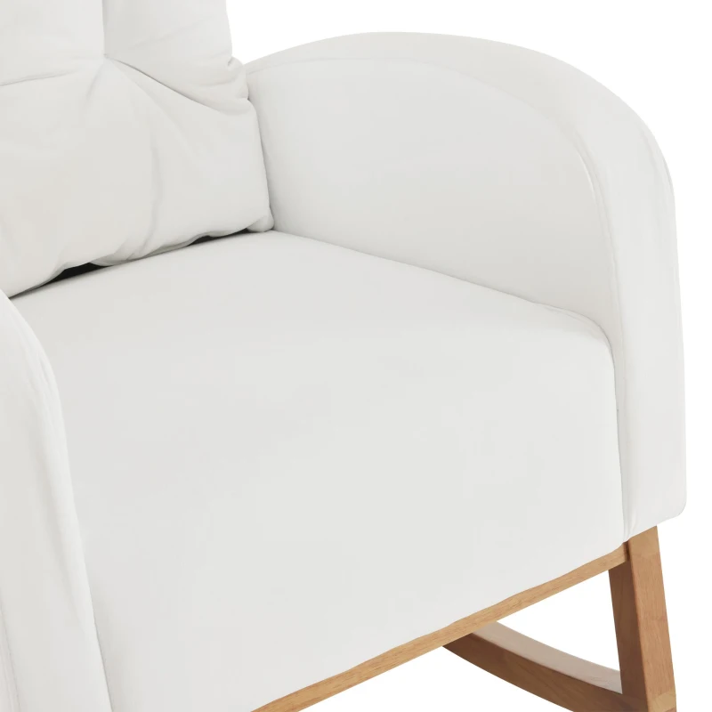Sedia a dondolo con gambe in legno massello, sedia imbottita, poltrona lounge per soggiorno, camera da letto e balcone,  68,5x88x101 cm, Bianco