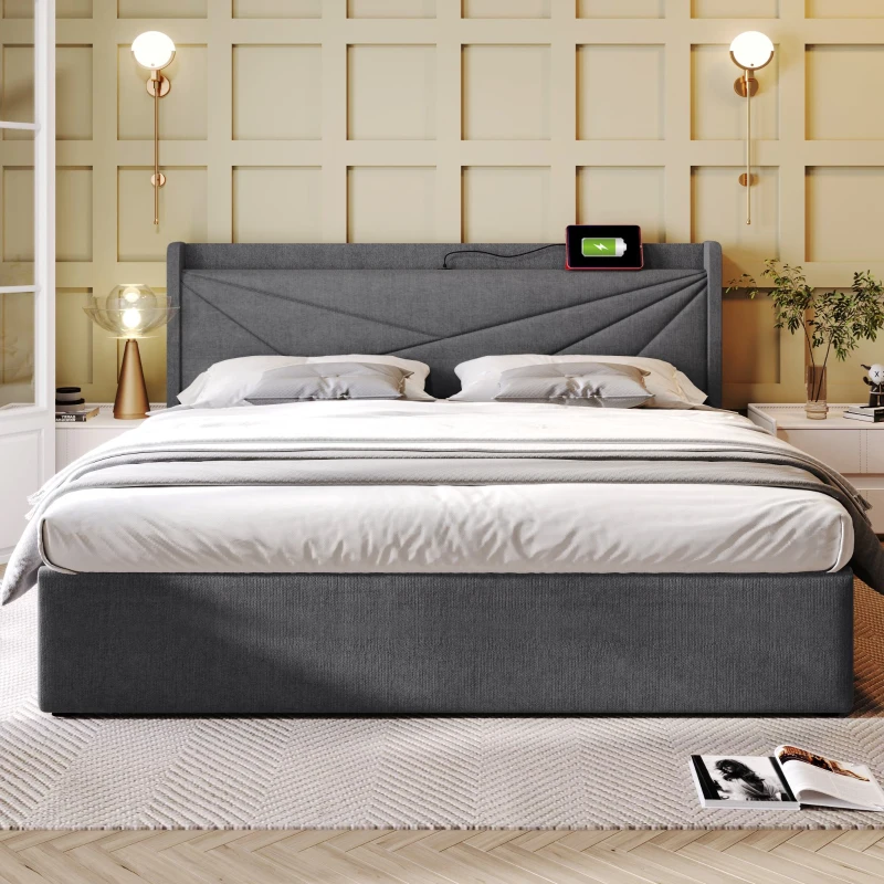 Lit Double avec Rangement et Fonction de Recharge USB Type C, Structure en Lin, Sans Matelas, 180x200 cm,Gris