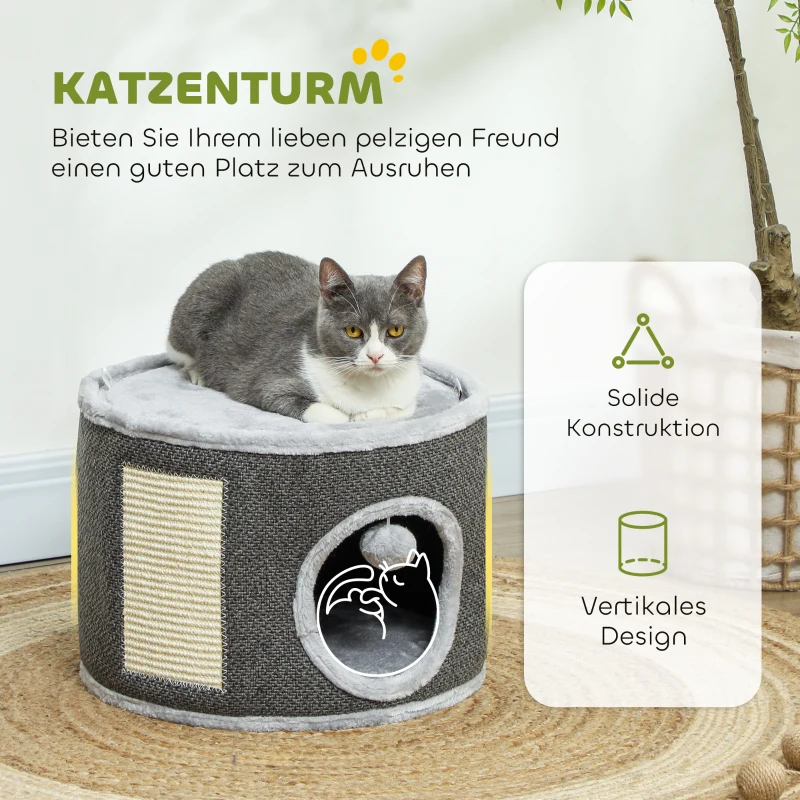 PawHut Kattenhol, 2 Niveaus, Kattenhuis, Pluche, Kussens, Sisal-Krabplank, Ø40 x 30H cm, Donkergrijs