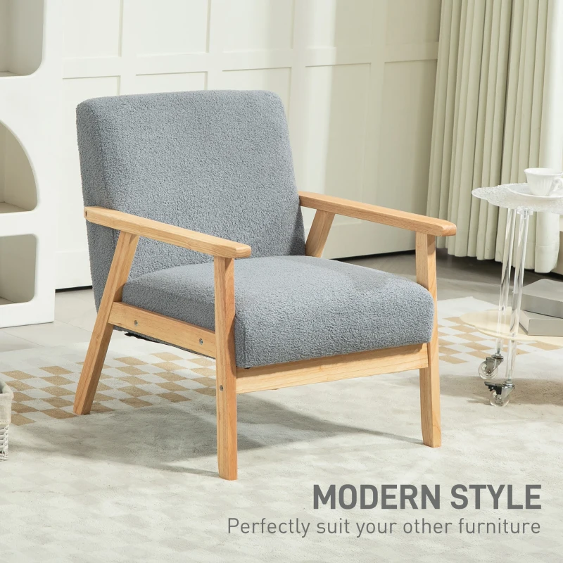 HOMCOM Accent Chair Wood Frame with Thick Cashmere Cushions Wide Seat Armchair Home Furniture Bedroom Office Grey