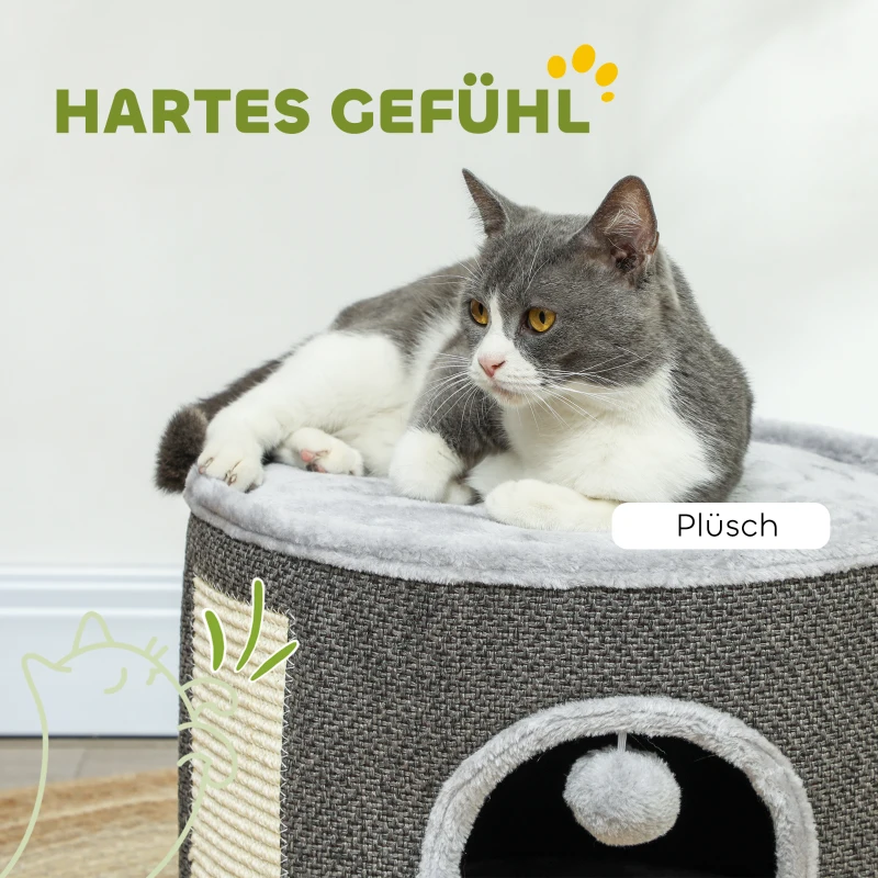 PawHut Kattenhol, 2 Niveaus, Kattenhuis, Pluche, Kussens, Sisal-Krabplank, Ø40 x 30H cm, Donkergrijs