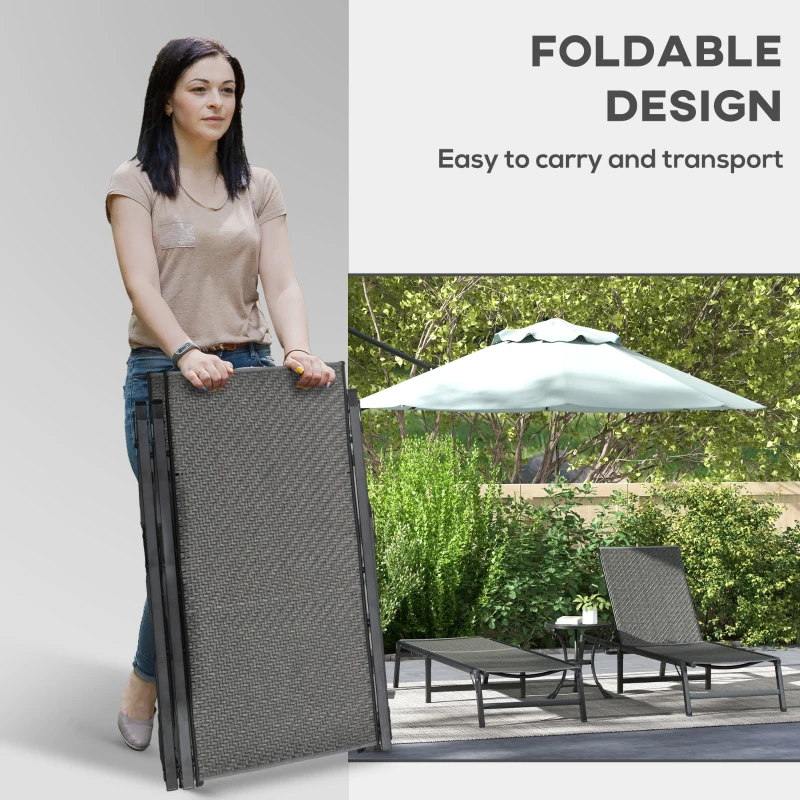 Outsunny Foldable Outdoor PE Rattan Sun Lounger Set of 2, Patio Wicker Recliners Lounge Chair w/ 5-Level Adjustable Backrest, for Poolside, Garden, Grey