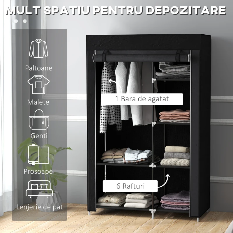 HOMCOM Dulap Portabil din Material, Dulap cu 6 Rafturi Deschise, 1 Bară și Ușă cu Fermoar, 103x43x162,5 cm, Negru