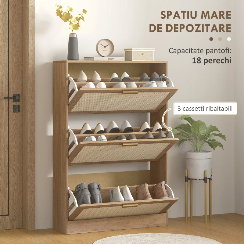 HOMCOM Etajeră pentru 18 Perechi de Pantofi, Dulap cu 3 Uși Rabatabile și Raft Reglabil din Lemn, 80x25x120 cm, Maro(m-4)