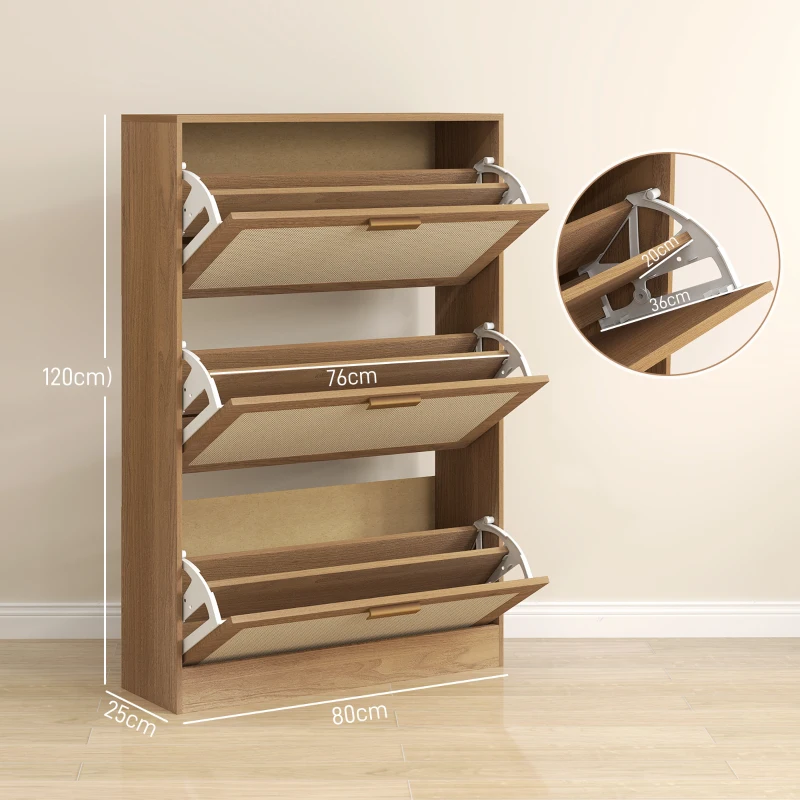HOMCOM Etajeră pentru 18 Perechi de Pantofi, Dulap cu 3 Uși Rabatabile și Raft Reglabil din Lemn, 80x25x120 cm, Maro(m-3)