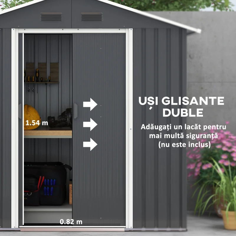 Outsunny Magazie de Gradina cu Usa Dubla Culisanta, 4 Prize de Aerisire si Sistem de Blocare, 194x110x184 cm, Gri(m-5)