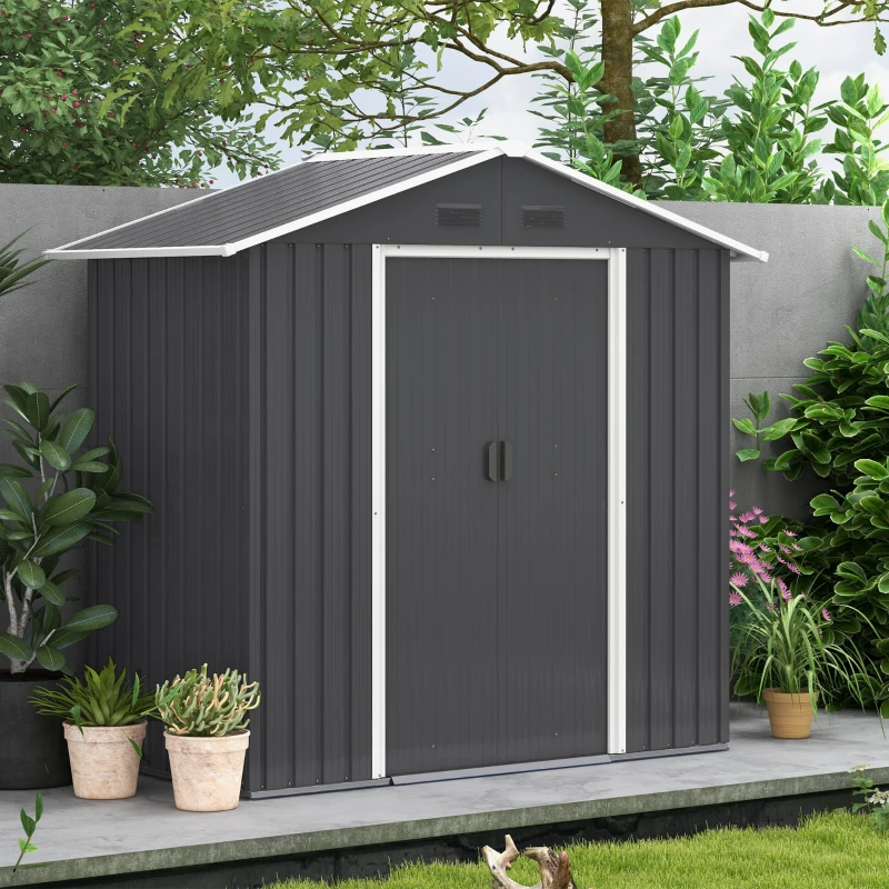 Outsunny Magazie de Gradina cu Usa Dubla Culisanta, 4 Prize de Aerisire si Sistem de Blocare, 194x110x184 cm, Gri(m-7)