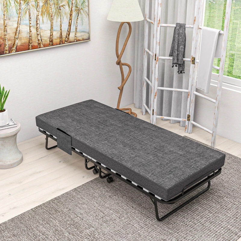 HOMCOM Single Steel Frame Folding Bed, with Wheels - Black/Grey(m-8)