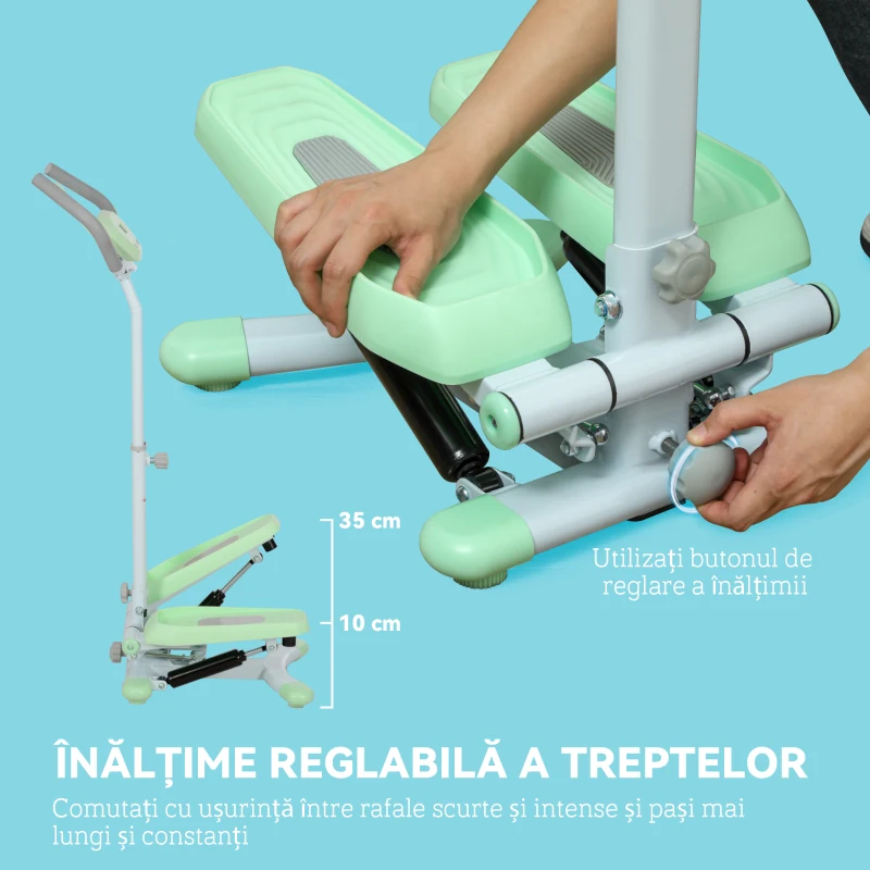 SPORTNOW Stepper cu Mânere Reglabile pe 3 Niveluri, Treaptă Reglabilă și Monitor LCD, 48x38x108-118 cm, Verde