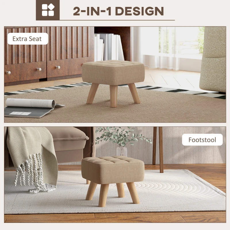 HOMCOM Modern Tufted Footstool, Fabric Foot Stool with Rubber Wood Legs, Padded Seat, for Living Room, Bedroom, Entryway, Light Brown