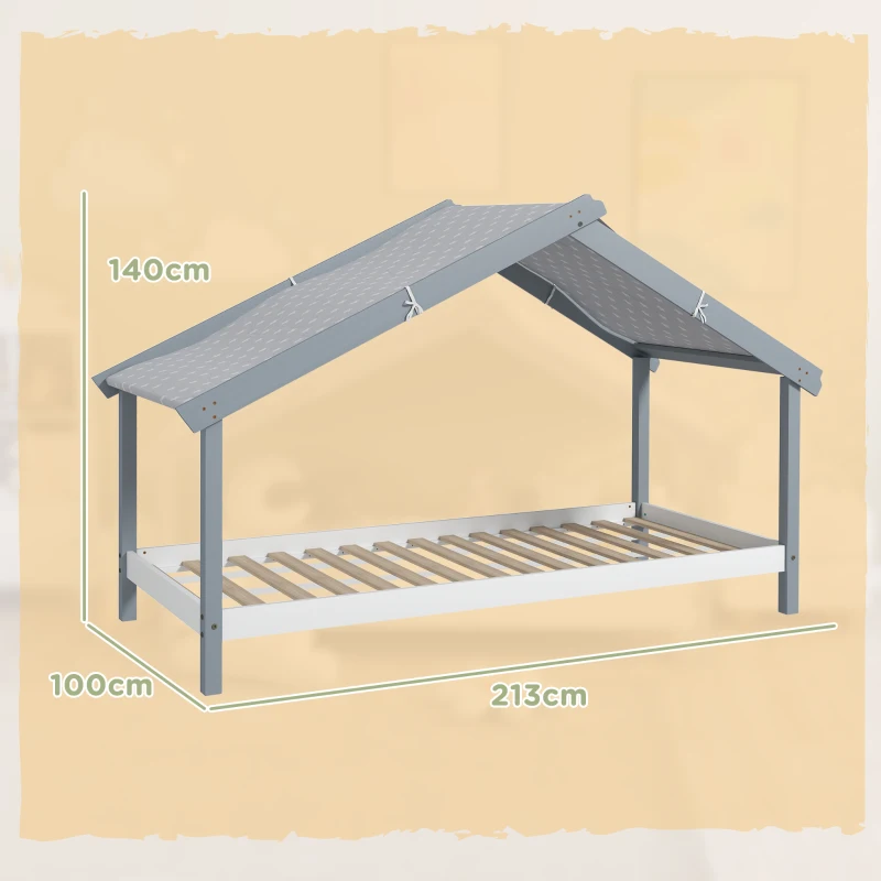 HOMCOM Pat Montessori pentru Copii în Formă de Căsuță cu Acoperiș Înstelat, Pat cu 15 Șipci, 213x100x140 cm, Gri