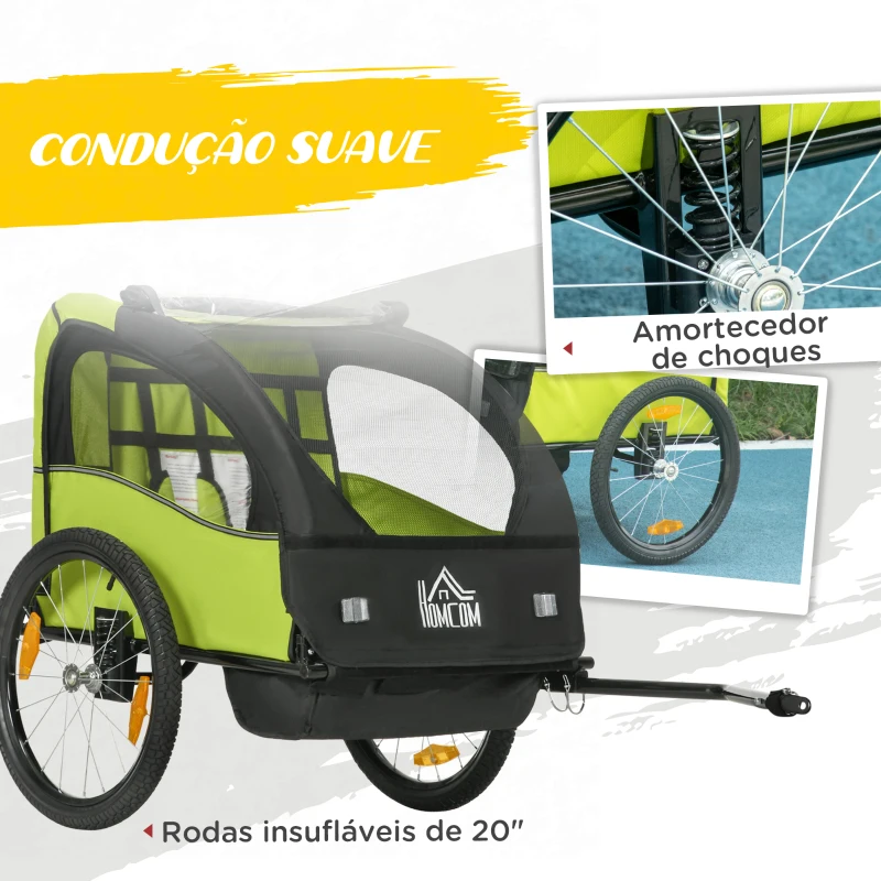 HOMCOM Reboque de Bicicleta para Crianças de 2 Lugares com Cinto de Segurança e Sistema de Amortecimento 140x88x90 cm Verde