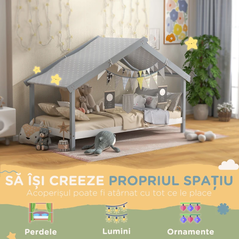 HOMCOM Pat Montessori pentru Copii în Formă de Căsuță cu Acoperiș Înstelat, Pat cu 15 Șipci, 213x100x140 cm, Gri