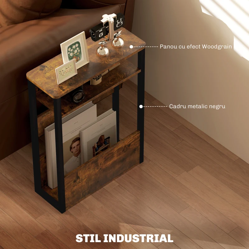 HOMCOM Măsuță de Living în Stil Industrial cu 2 Rafturi, Măsuță Laterală din Lemn și Metal, 46x18x58,5 cm, Maro Rustic