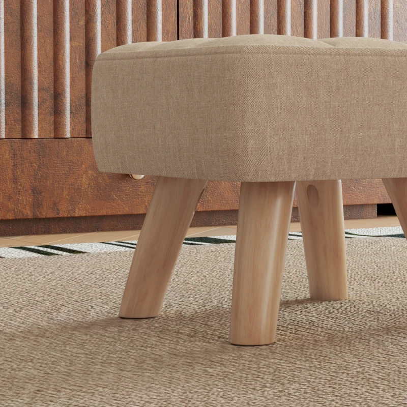 HOMCOM Modern Tufted Footstool, Fabric Foot Stool with Rubber Wood Legs, Padded Seat, for Living Room, Bedroom, Entryway, Light Brown