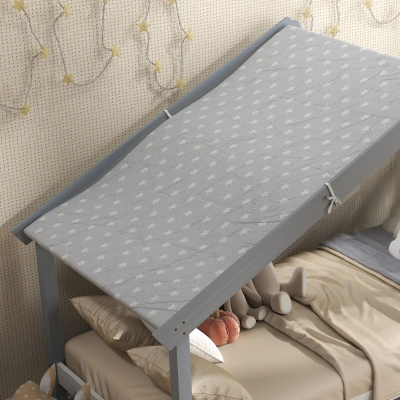 HOMCOM Pat Montessori pentru Copii în Formă de Căsuță cu Acoperiș Înstelat, Pat cu 15 Șipci, 213x100x140 cm, Gri