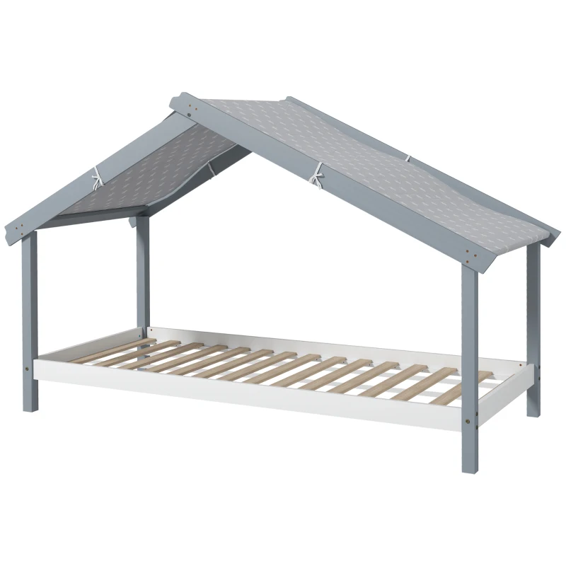 HOMCOM Pat Montessori pentru Copii în Formă de Căsuță cu Acoperiș Înstelat, Pat cu 15 Șipci, 213x100x140 cm, Gri