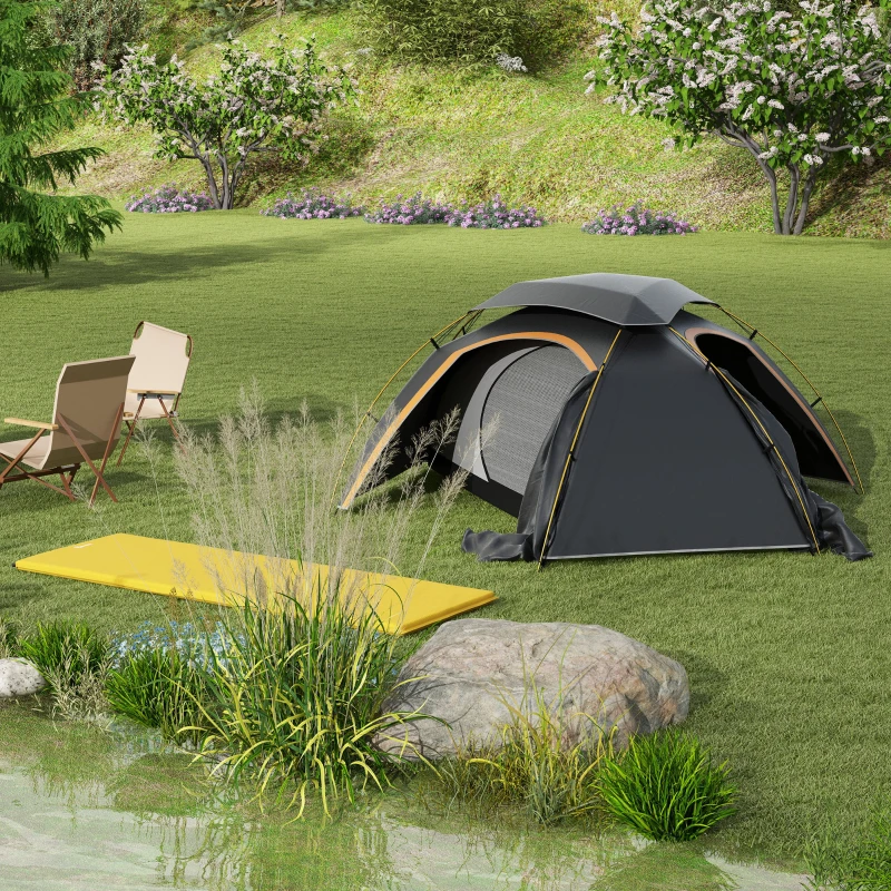 Outsunny Camping Tent with Self Inflatable Mattress, 1 Person Dome Tent with Removable Rainfly and Aluminium Frame, 2000mm Waterproof, Portable with Bags, for Fishing Hiking, Dark Grey/Khaki