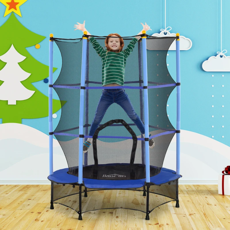 HOMCOM 4.6FT/55" Kids Trampoline with Safety Enclosure, Outdoor Indoor Use, for Ages 3-10 Years, Blue