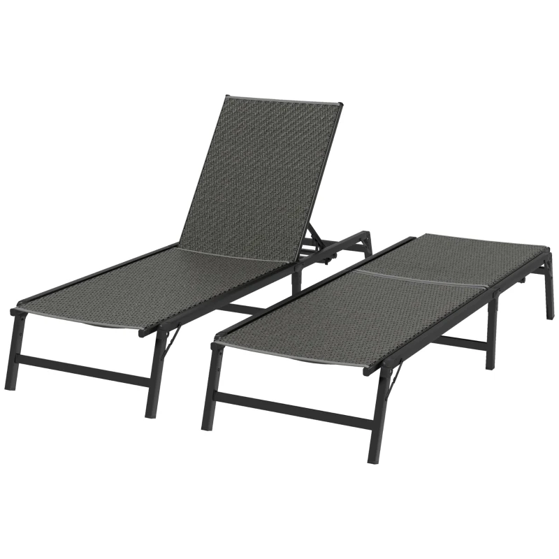 Outsunny Foldable Outdoor PE Rattan Sun Lounger Set of 2, Patio Wicker Recliners Lounge Chair w/ 5-Level Adjustable Backrest, for Poolside, Garden, Grey