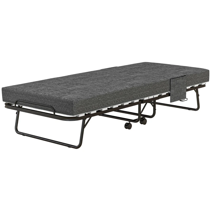 HOMCOM Single Steel Frame Folding Bed, with Wheels - Black/Grey(m-11)