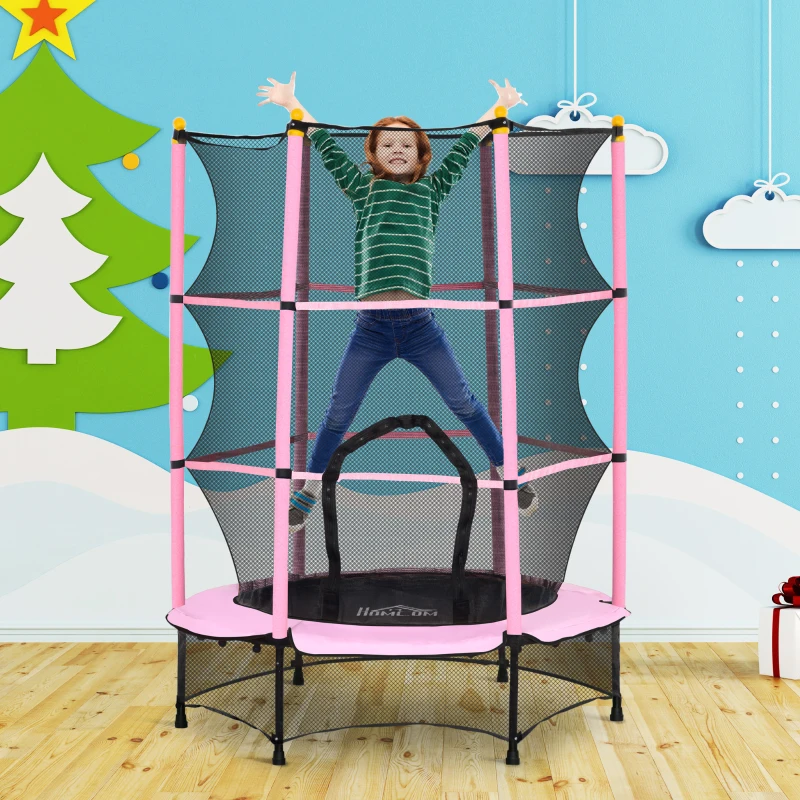 HOMCOM 4.6FT/55" Kids Trampoline with Safety Enclosure, Outdoor Indoor Use, for Ages 3-10 Years, Pink