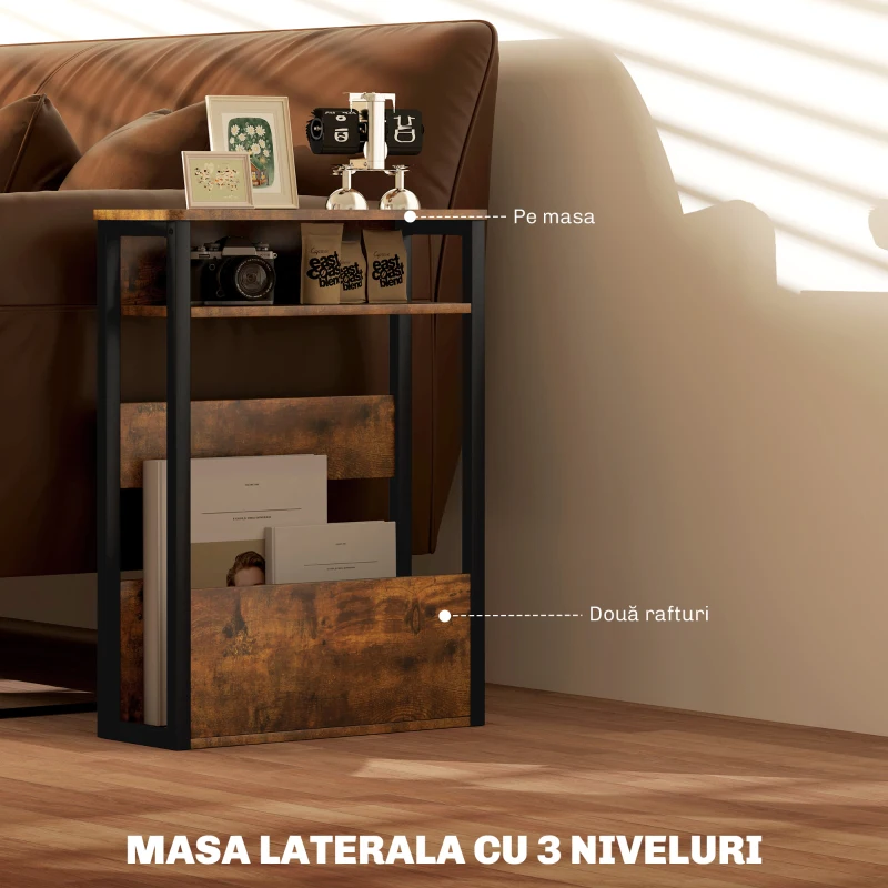 HOMCOM Măsuță de Living în Stil Industrial cu 2 Rafturi, Măsuță Laterală din Lemn și Metal, 46x18x58,5 cm, Maro Rustic