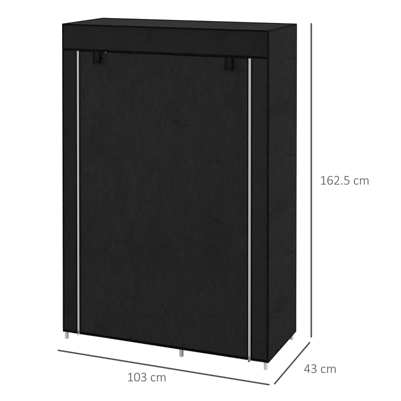 HOMCOM Dulap Portabil din Material, Dulap cu 6 Rafturi Deschise, 1 Bară și Ușă cu Fermoar, 103x43x162,5 cm, Negru