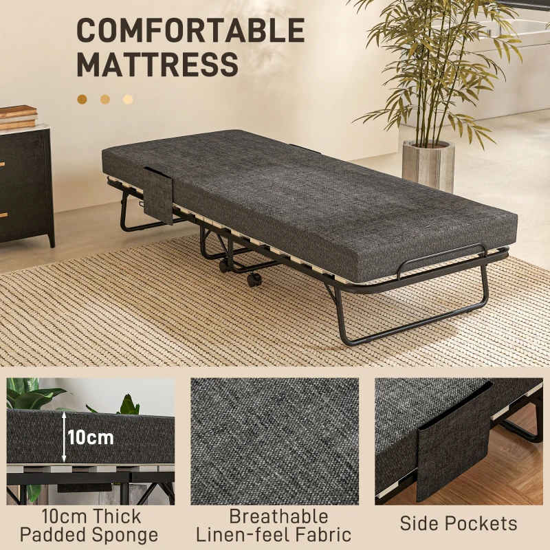 HOMCOM Single Steel Frame Folding Bed, with Wheels - Black/Grey(m-4)