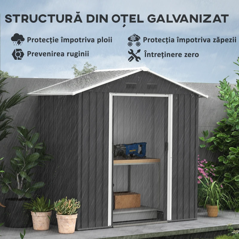 Outsunny Magazie de Gradina cu Usa Dubla Culisanta, 4 Prize de Aerisire si Sistem de Blocare, 194x110x184 cm, Gri(m-4)