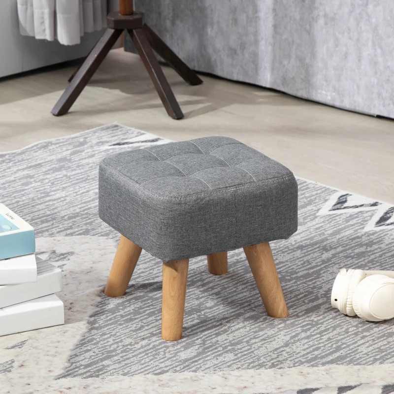 HOMCOM Modern Tufted Footstool, Fabric Foot Stool with Rubber Wood Legs, Padded Seat, for Living Room, Bedroom, Entryway, Grey
