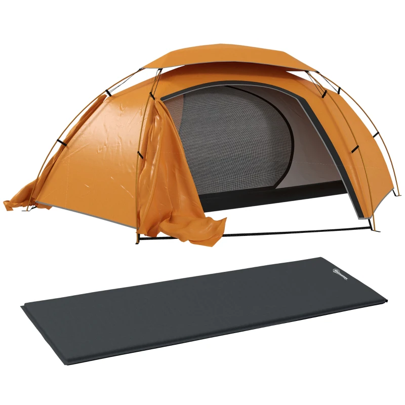 Outsunny Camping Tent with Self Inflatable Mattress, 1 Person Dome Tent with Removable Rainfly and Aluminium Frame, 2000mm Waterproof, Portable with Bags, for Fishing Hiking, Orange/Grey