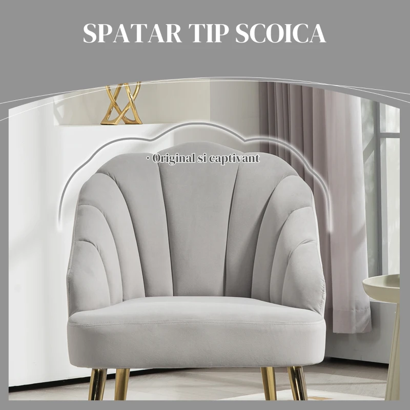 HOMCOM Fotoliu Tapițat cu Spătar în Formă de Cochilie, Fotoliu din Catifea cu Picioare Aurii, 63x65x84 cm, Gri