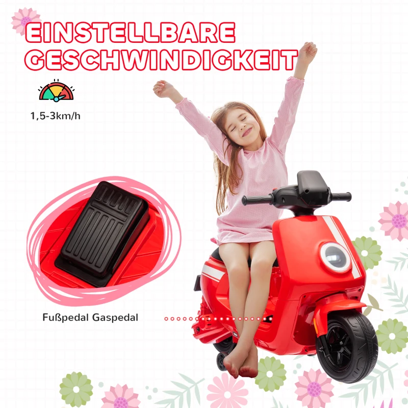 AIYAPLAY 6V Elektrische Kindermotor met Koplamp en Muziek, Voor- en Achteruit, Trainingswielen, 18-36 Maanden, Rood