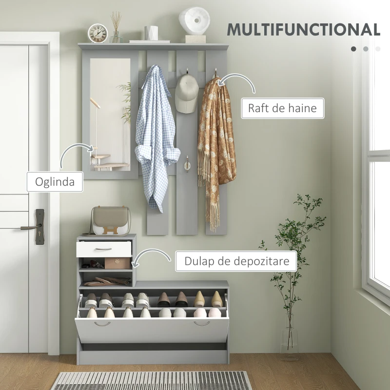 HOMCOM Set de Mobilier pentru Hol cu Raft pentru Pantofi, Oglindă și 2 rafturi Reglabile, 90x24x177 cm, Gri