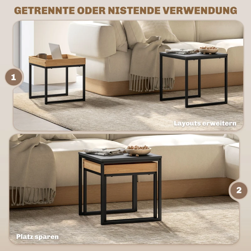 HOMCOM Modern Salontafel, 2-Delige Set, Vierkant, MDF, Metaal, Zwart, voor Kleine Ruimtes
