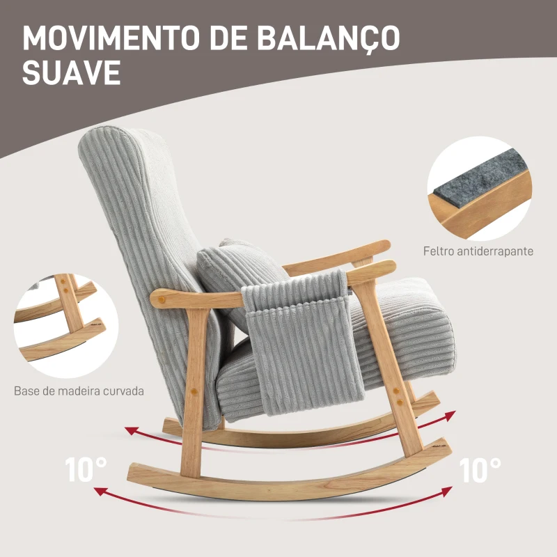 HOMCOM Poltrona Baloiço Moderna em Veludo Cotelê com Apoio para os Braços Almofada Lombar e Bolso Poltrona de Amamentação 65x90x98 cm Cinza
